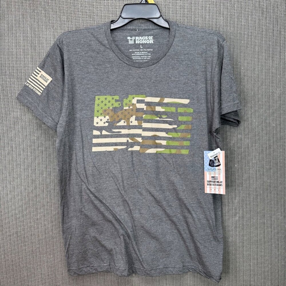 Rags Of Honor Unisex Size L Gray T-Shirt Camo Flag Design Supporting Veterans
